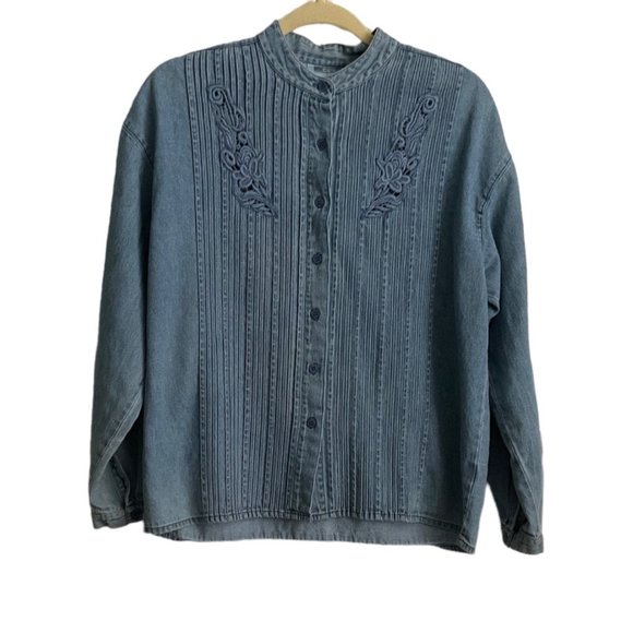 QPS Quality Price Style Woman’s Blue Pleated Button Front Shirt SZ M Long Sleeve - Picture 1 of 9